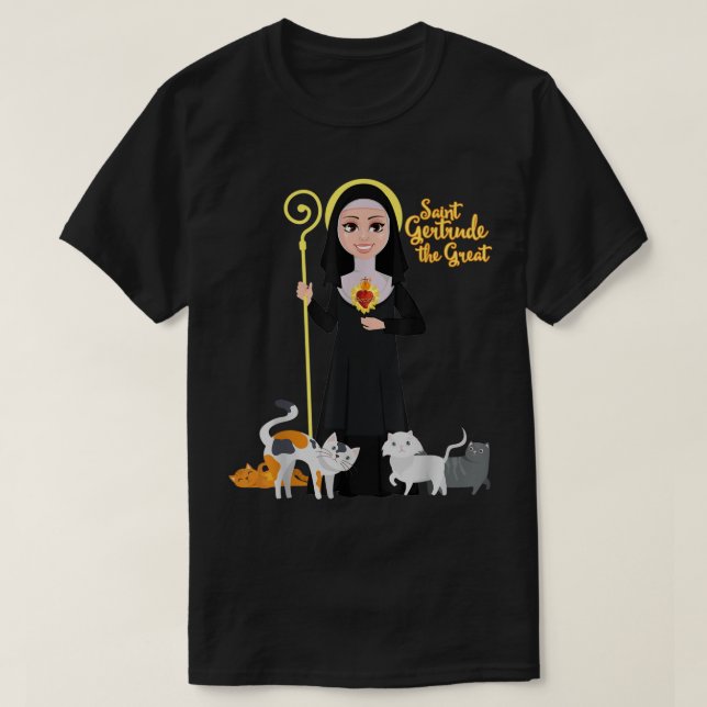 St Gertrude Patron Saint of Cats Lovers Great Nive T-Shirt (Design Front)