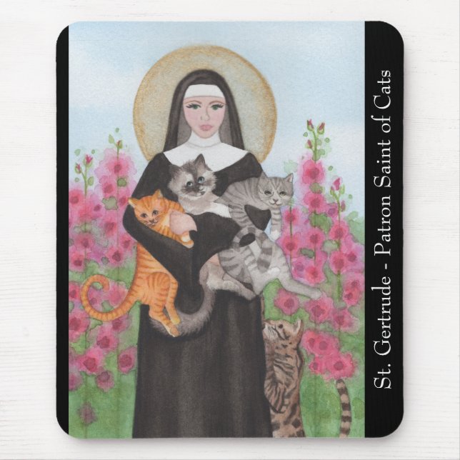St. Gertrude Patron Saint of Cats Watercolor Mouse Pad (Front)
