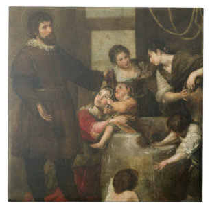 St. Isidore saves a child that had fallen in a wel Tile