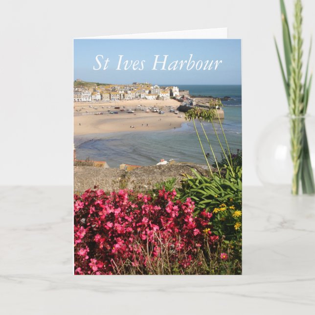 St Ives Harbour Pink Flowers Card (Front)