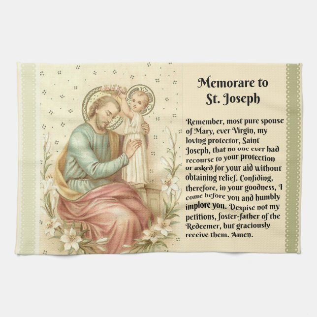 St. Joseph and Jesus Memorare Catholic Prayer Tea Towel (Horizontal)