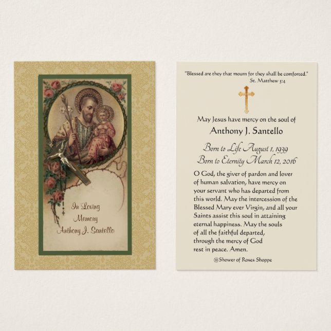 St. Joseph Catholic Funeral Memorial Holy Card - (Front & Back)