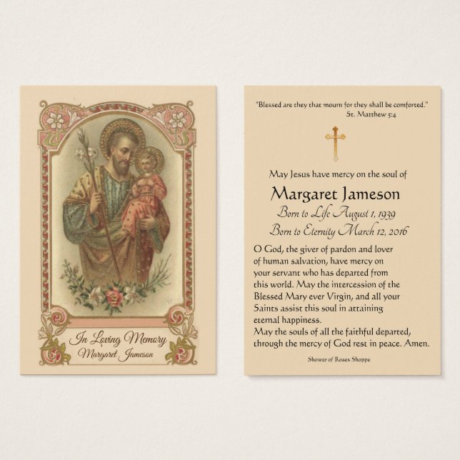 St. Joseph Catholic Funeral Memorial Holy Card - (Front & Back)