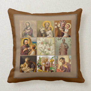 St. Joseph Child Jesus Collage Brown Border Cushion