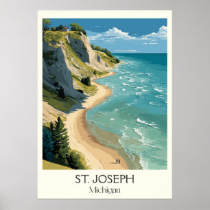 St. Joseph Michigan Vintage Lake Bluff Beach Art Poster