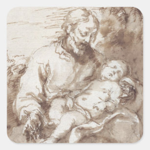 St. Joseph with the Sleeping Christ Child (pen & b Square Sticker