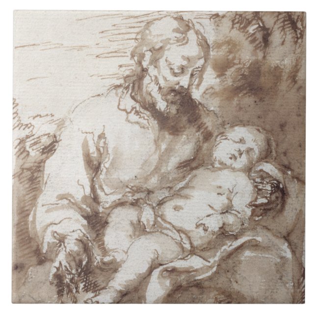 St. Joseph with the Sleeping Christ Child (pen & b Tile (Front)