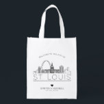St. Louis, Missouri Wedding | Stylised Skyline Reusable Grocery Bag<br><div class="desc">A unique wedding bag for a wedding taking place in the beautiful city of St. Louis,  Missouri.  This bag features a stylised illustration of the city's unique skyline with its name underneath.  This is followed by your wedding day information in a matching open lined style.</div>