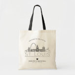 St. Louis, Missouri Wedding | Stylised Skyline Tote Bag<br><div class="desc">A unique wedding tote bag for a wedding taking place in the city of St. Louis,  Missouri. This tote features a stylised illustration of the city's unique skyline with its name underneath.  This is followed by your wedding day information in a matching open lined style.</div>