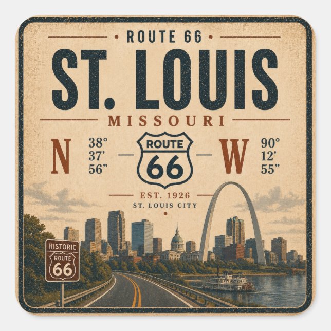 St Louis Route 66 Arch Coordinates Badge Square Sticker (Front)