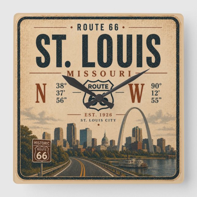St Louis Route 66 Arch Coordinates Time Square Wall Clock (Front)