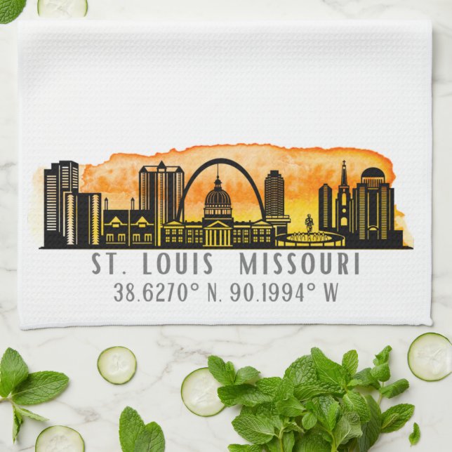 St. Louis Sunset Skyline Map Coordinates  Tea Towel (Folded)