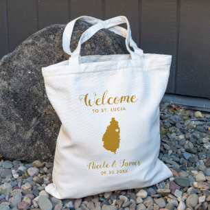 St. Lucia Map Wedding Welcome Tote Bag, Gold