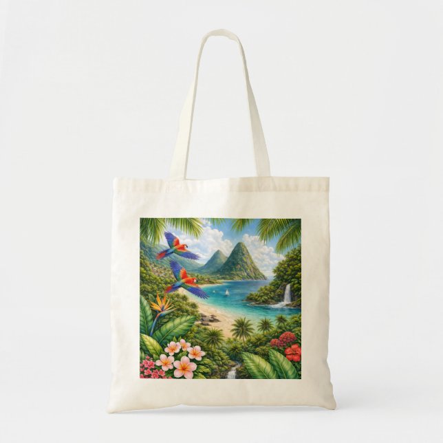 St. Lucia Pitons Tropical Beach and Parrots Tote Bag (Front)