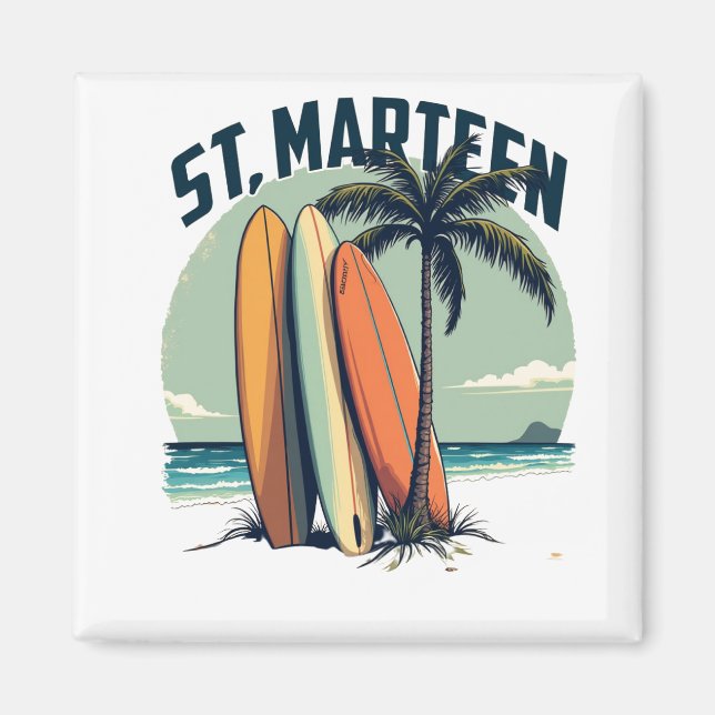 St. Maarten Magnet – Retro Surfboards and Beach (Front)