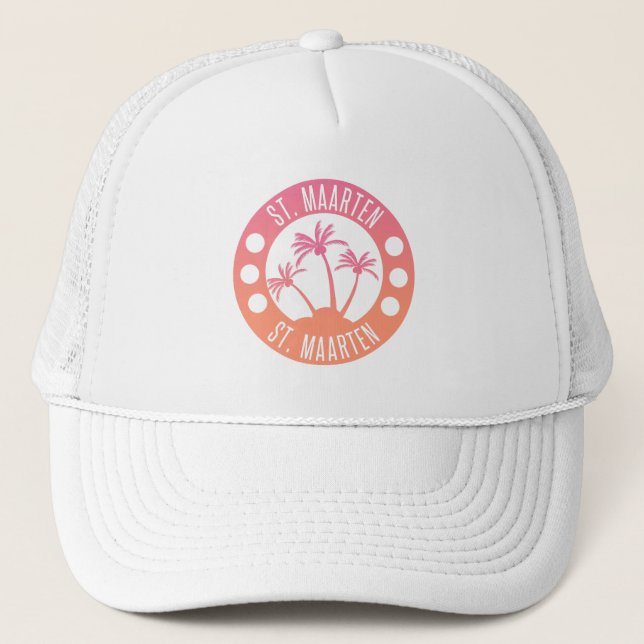St. Maarten Pink and Coral Gradient Sint Martin Trucker Hat (Front)