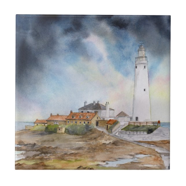 St Mary Lighthouse Whitley Bay Watercolour Tile (Front)