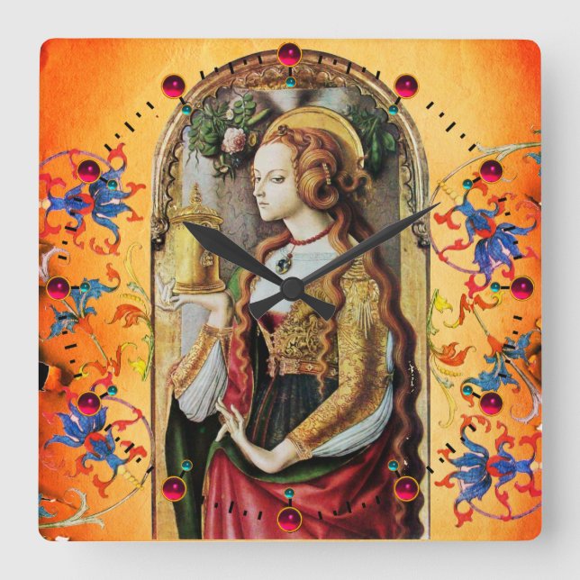 ST MARY MAGDALENE Orange Blue Floral Swirls Square Wall Clock (Front)