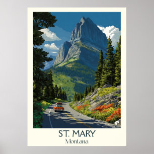 St. Mary Montana Vintage Glacier Lake Road Art Poster