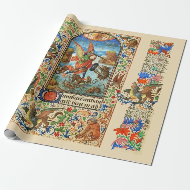 ST. MICHAEL ARCHANGEL AND DRAGON Flemish Miniature Wrapping Paper (Unrolled)
