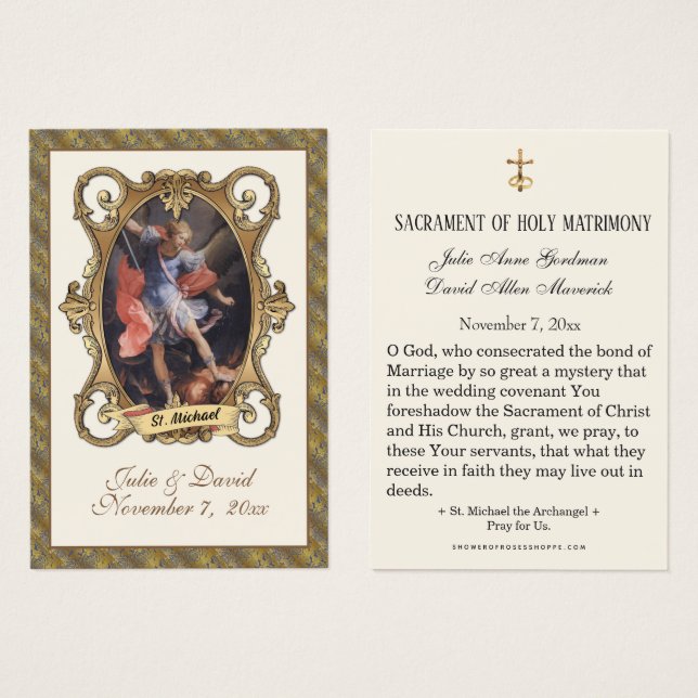 St. Michael Elegant Gold Wedding Favour Card  (Front & Back)