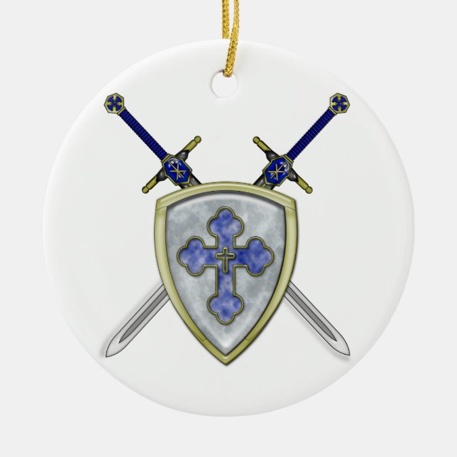 St Michael - Swords and Shield Ceramic Tree Decoration (Front)