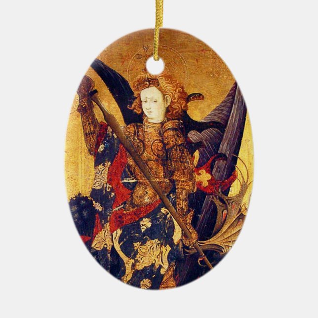 St. Michael Vanquishing Devil as Mediaeval Knight Ceramic Tree Decoration (Front)