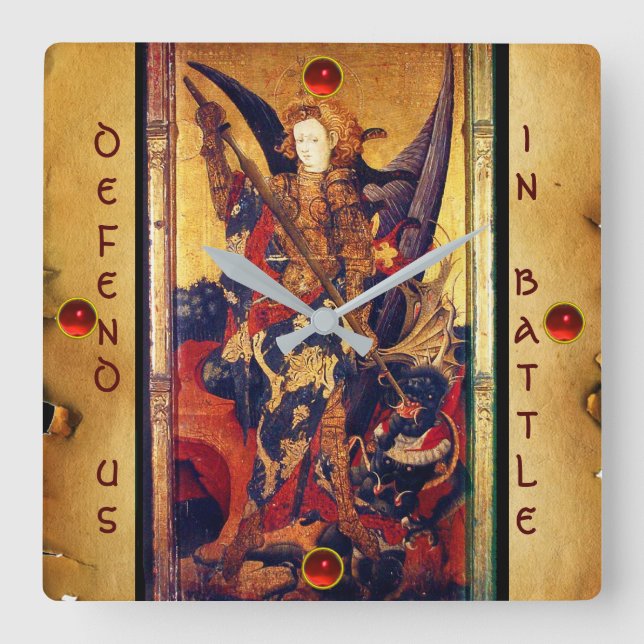 St. Michael Vanquishing Devil as Mediaeval Knight Square Wall Clock (Front)