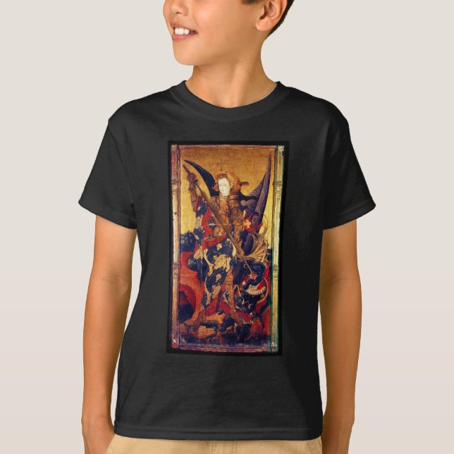 St. Michael Vanquishing Devil as Mediaeval Knight T-Shirt (Front)