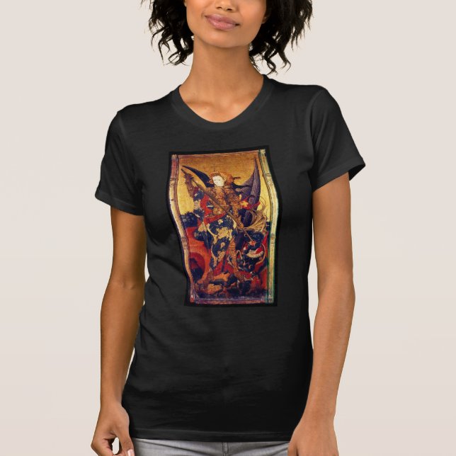 St. Michael Vanquishing Devil as Mediaeval Knight T-Shirt (Front)