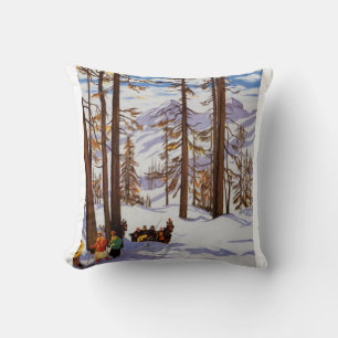 St. Moritz Vintage Skiers Alpine Elegance Art Cushion