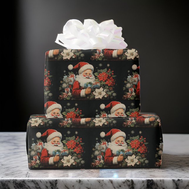 St Nicholas Christmas Poinsettia Flowers Black  Wrapping Paper (Creator Uploaded)