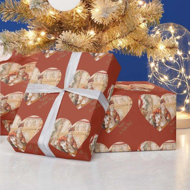 St. Nicholas Hearts Sinterklaas St. Nick's Day Wrapping Paper (Holidays)