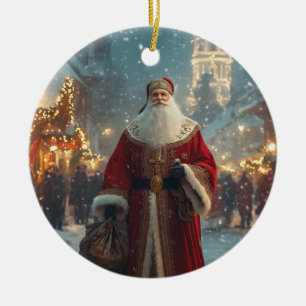St. Nicholas in a Festive Snowy Village Ceramic Tree Decoration