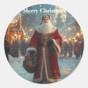 St. Nicholas in a Festive Snowy Village  Classic Round Sticker
