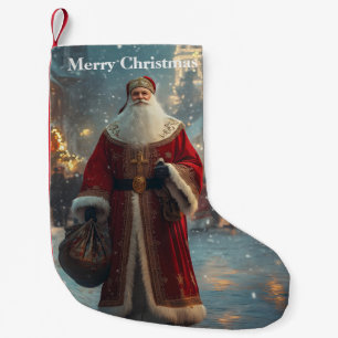 St. Nicholas in a Festive Snowy Village  Small Christmas Stocking