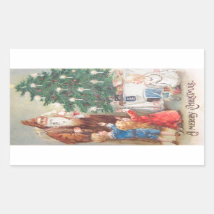 St. Nicholas in Brown Suit with Children Vintage Rectangular Sticker