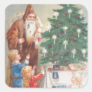 St. Nicholas in Brown Suit with Children Vintage Square Sticker