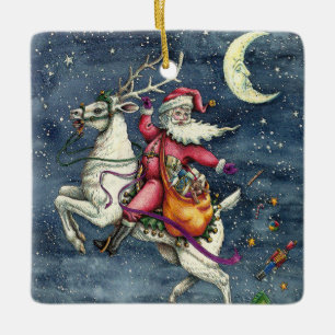 ST. NICK, FLYING WHITE REINDEER, CHRISTMAS MAGIC CERAMIC ORNAMENT