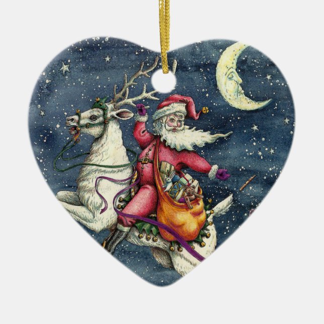 ST. NICK, FLYING WHITE REINDEER, CHRISTMAS MAGIC CERAMIC TREE DECORATION (Front)