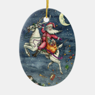 ST. NICK, FLYING WHITE REINDEER, CHRISTMAS MAGIC CERAMIC TREE DECORATION
