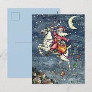 ST. NICK, FLYING WHITE REINDEER, CHRISTMAS MAGIC HOLIDAY POSTCARD