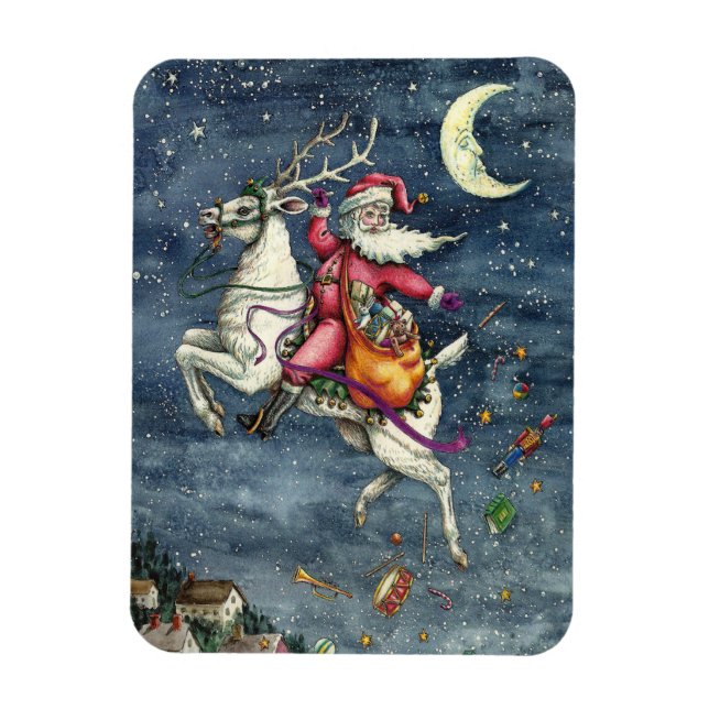 ST. NICK, FLYING WHITE REINDEER, CHRISTMAS MAGIC MAGNET (Vertical)