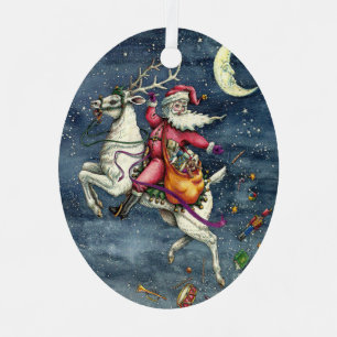 ST. NICK, FLYING WHITE REINDEER, CHRISTMAS MAGIC METAL TREE DECORATION