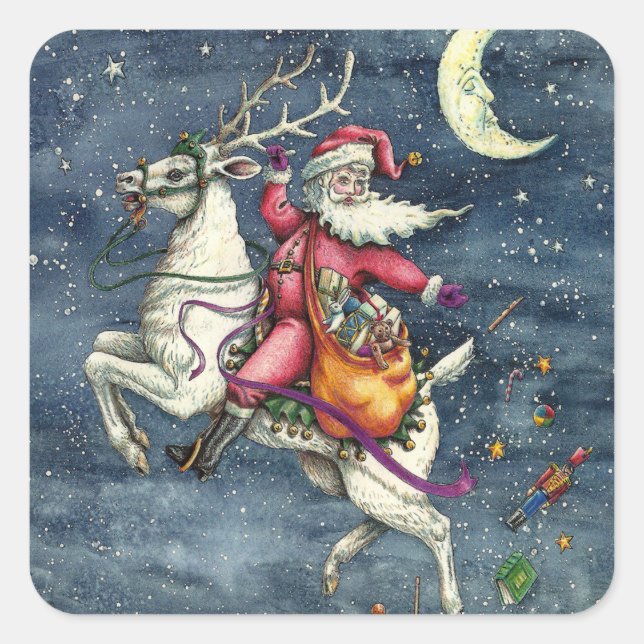 ST. NICK, FLYING WHITE REINDEER, CHRISTMAS MAGIC SQUARE STICKER (Front)