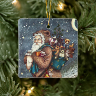 ST. NICK IN TEDDY BEAR SUIT, CHRISTMAS TEDDIES CERAMIC ORNAMENT