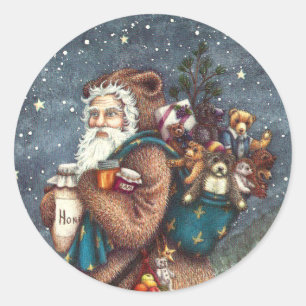 ST. NICK IN TEDDY BEAR SUIT, CHRISTMAS TEDDIES CLASSIC ROUND STICKER