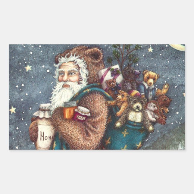 ST. NICK IN TEDDY BEAR SUIT, CHRISTMAS TEDDIES RECTANGULAR STICKER (Front)