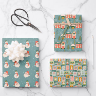 St. Nick, Snowmen, Winter Homes and Postage Stamps Wrapping Paper Sheet