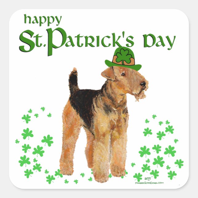 St Paddys Day Airedale Square Sticker (Front)